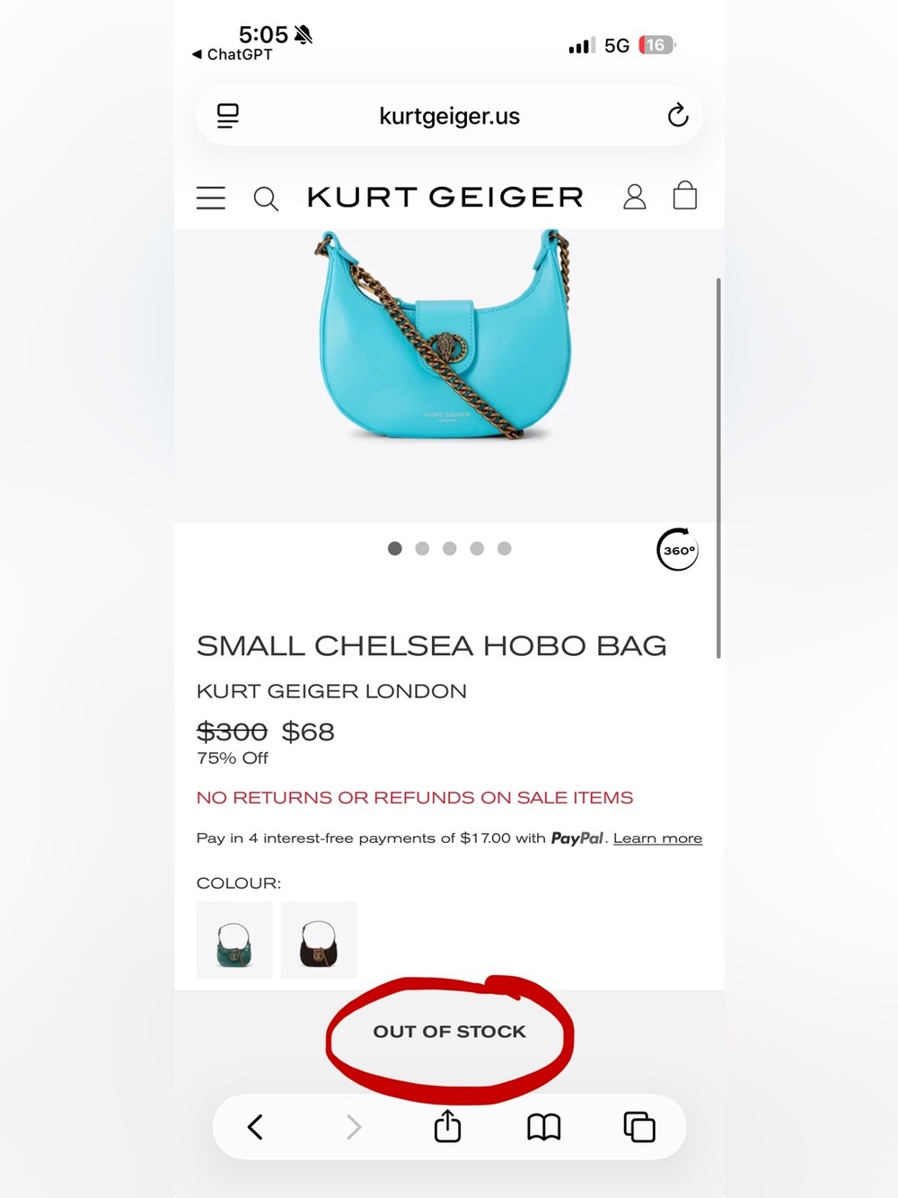 Kurt Geiger Small Chelsea Hobo Bag - Turquoise with Gold Chain